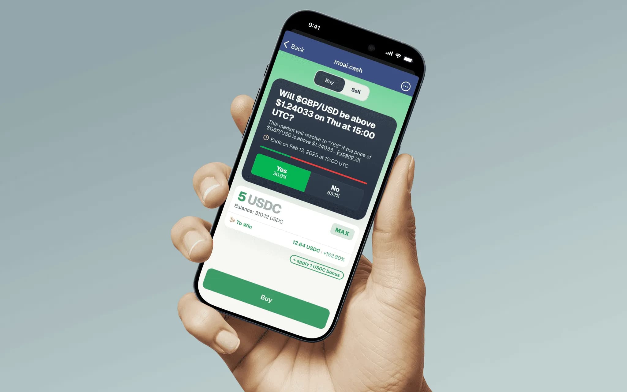 Moai.cash app open in Telegram on a phone, showing a prediction market trade paid in USDC